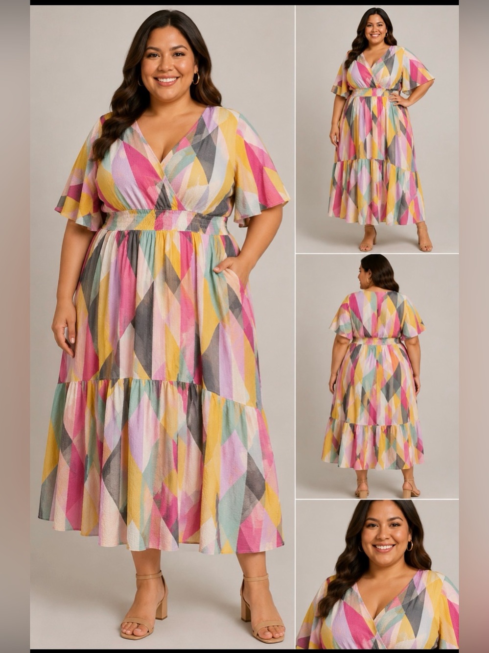 torrid Geometric Tiered Midi Dress in Pink, Yellow & Mint